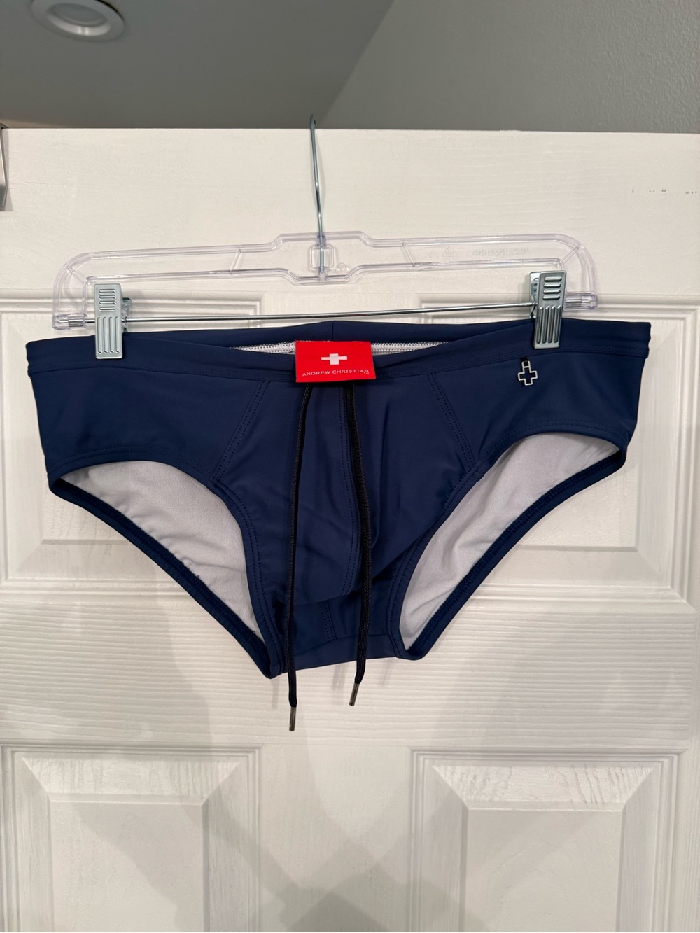 Andrew Christian Navy Swim Brief with Red Waist Tag